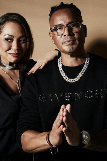 Ray Slijngaard & Michèle Karamat Ali from 2 Unlimited photoshoot in black Givenchy tshirt